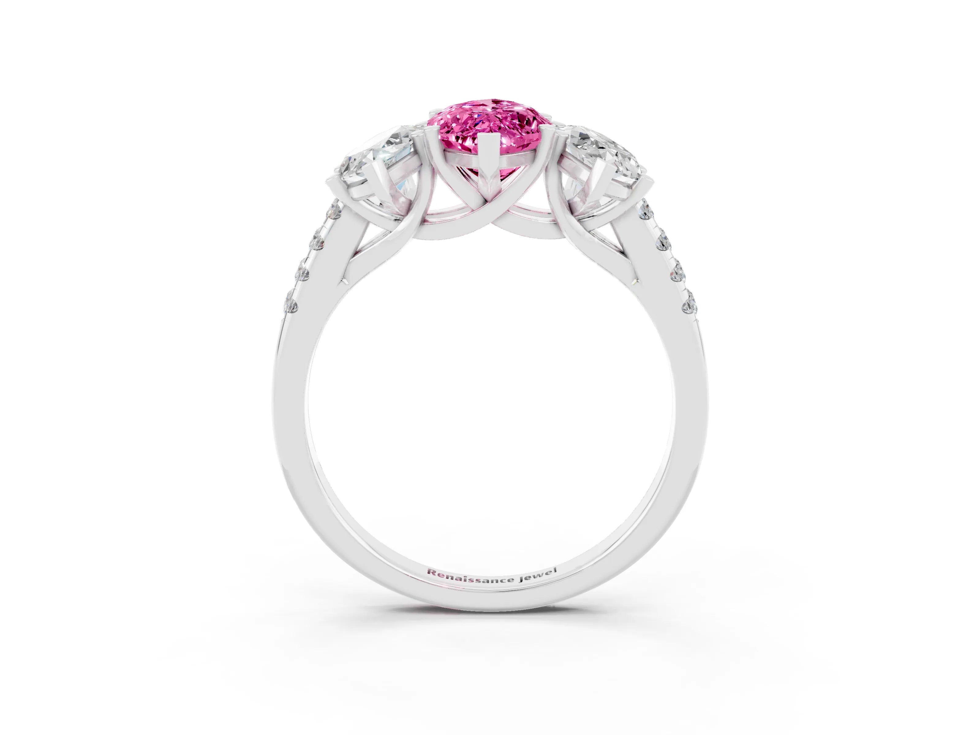 White gold Three-Stone Marquise Cut Pink Sapphire Ring with Pavé Band and Prong Setting_39