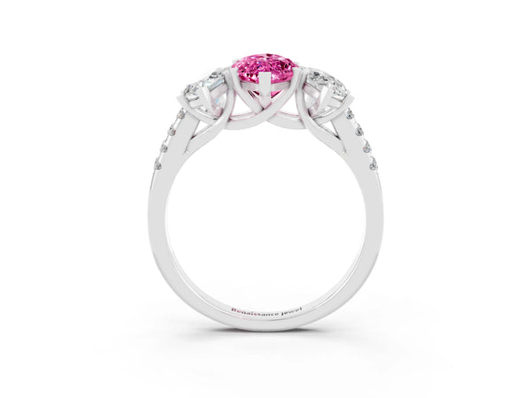 Silver Three-Stone Marquise Cut Pink Sapphire Ring with Round  Pavé Band and Prong Setting