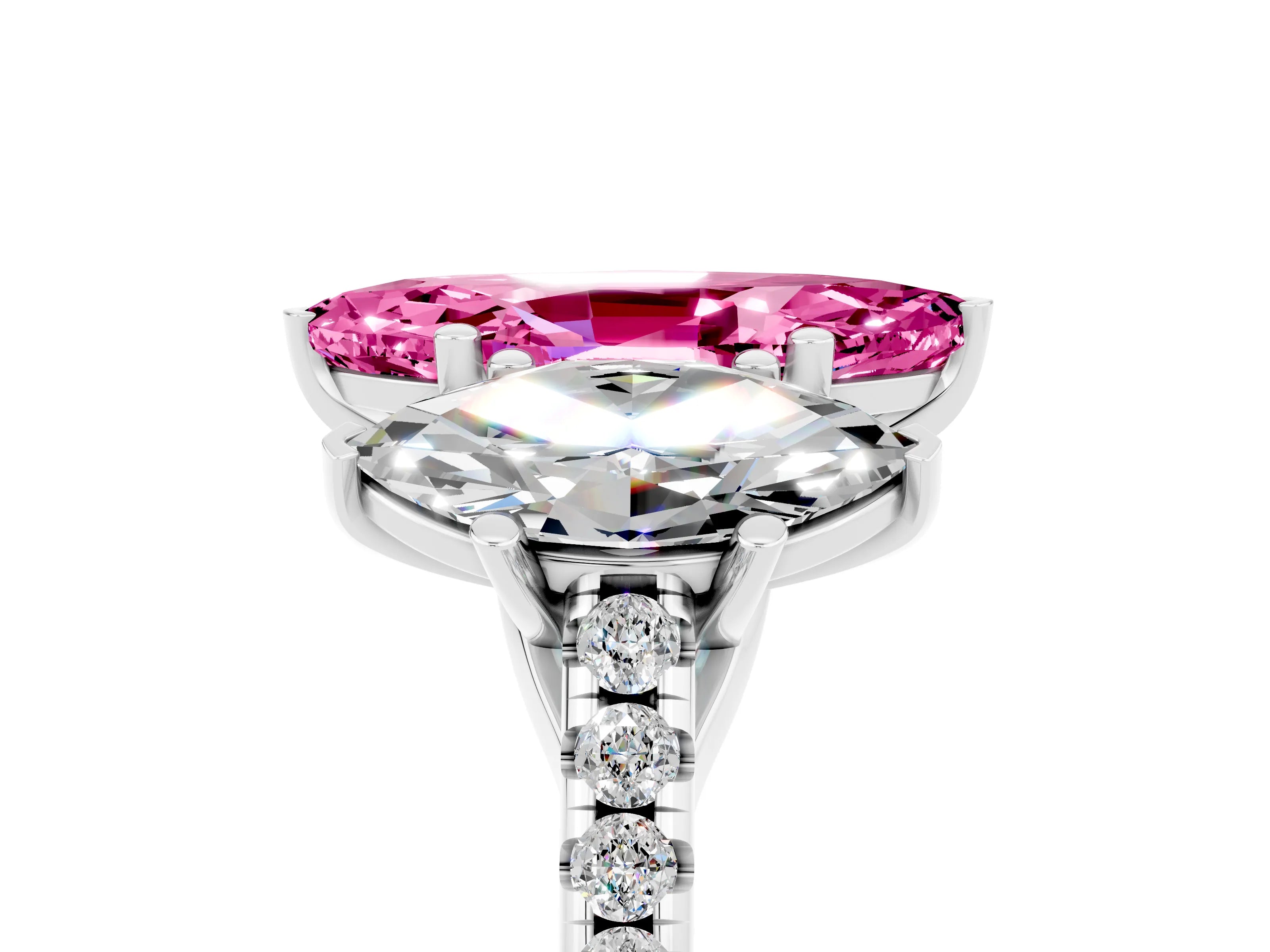 White gold Three-Stone Marquise Cut Pink Sapphire Ring with Pavé Band and Prong Setting_41