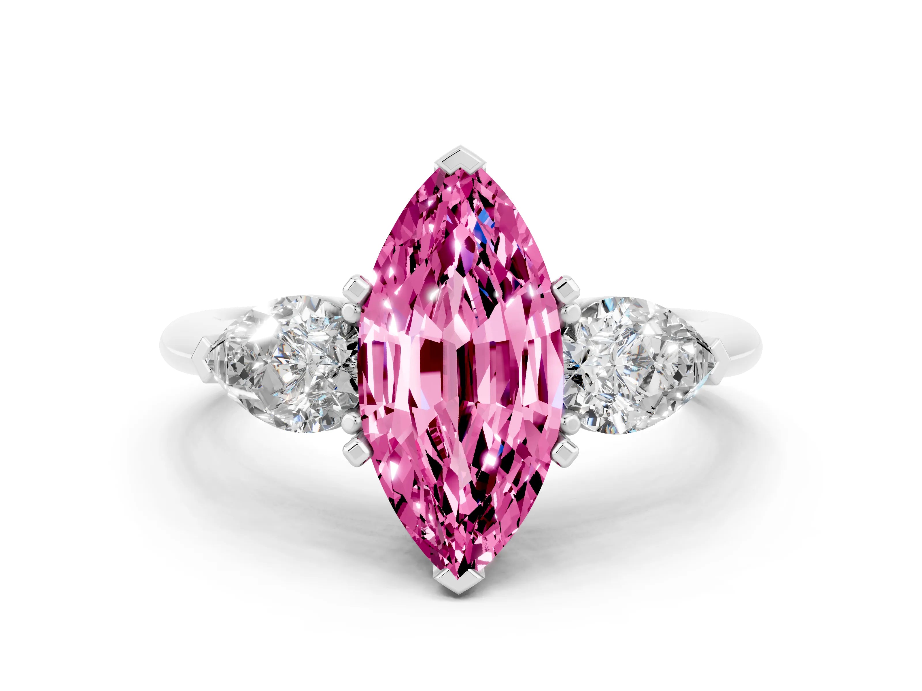 White gold Three-Stone Marquise Cut Pink Sapphire Ring with Pear Side Stones and Four-Prong Setting_24