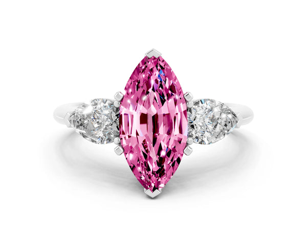 Silver Three-Stone Marquise Cut Pink Sapphire Ring with Pear Side Stones and Four-Prong Setting