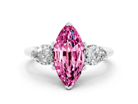 White gold Three-Stone Marquise Cut Pink Sapphire Ring with Pear Side Stones and Four-Prong Setting_24