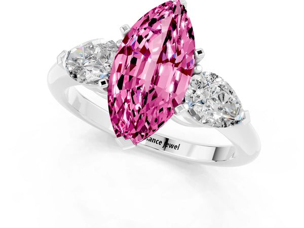 Platinum Three-Stone Marquise Cut Pink Sapphire Ring with Pear Side Stones and Four-Prong Setting