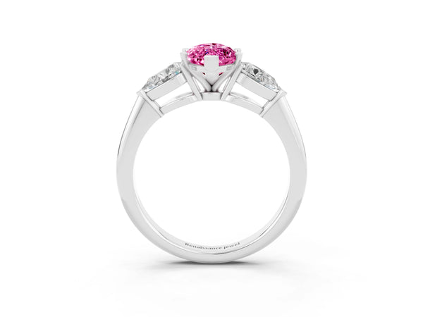 Platinum Three-Stone Marquise Cut Pink Sapphire Ring with Pear Side Stones and Four-Prong Setting