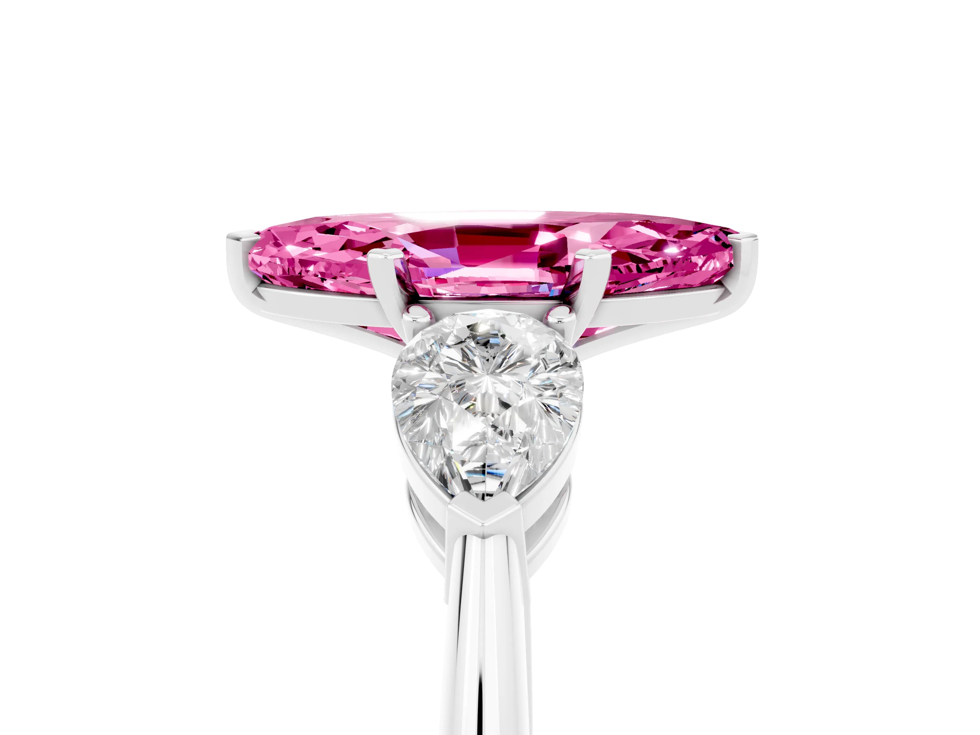 White gold Three-Stone Marquise Cut Pink Sapphire Ring with Pear Side Stones and Four-Prong Setting_29
