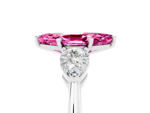 White gold Three-Stone Marquise Cut Pink Sapphire Ring with Pear Side Stones and Four-Prong Setting_29