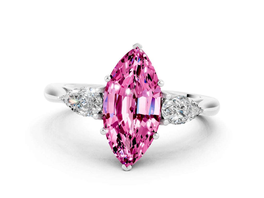 White gold Three-Stone Marquise Cut Pink Sapphire Ring with Pear  Side Stones in Four-Prong Setting_12