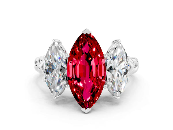 White gold Three-Stone Marquise Cut Ruby Braided Band Ring with Four-Prong Setting