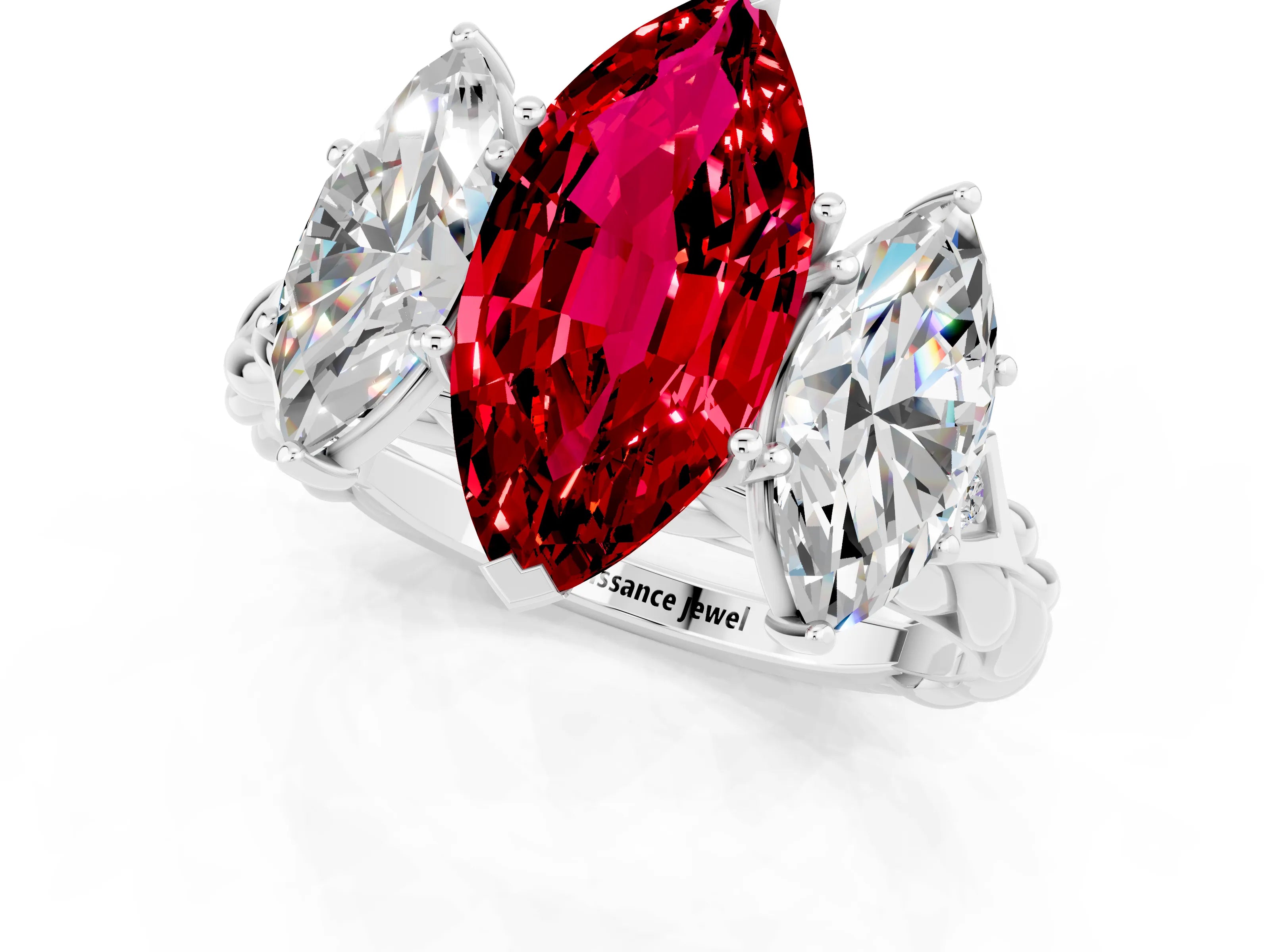 White gold Three-Stone Marquise Cut Ruby Braided Band Ring with Four-Prong Setting_13