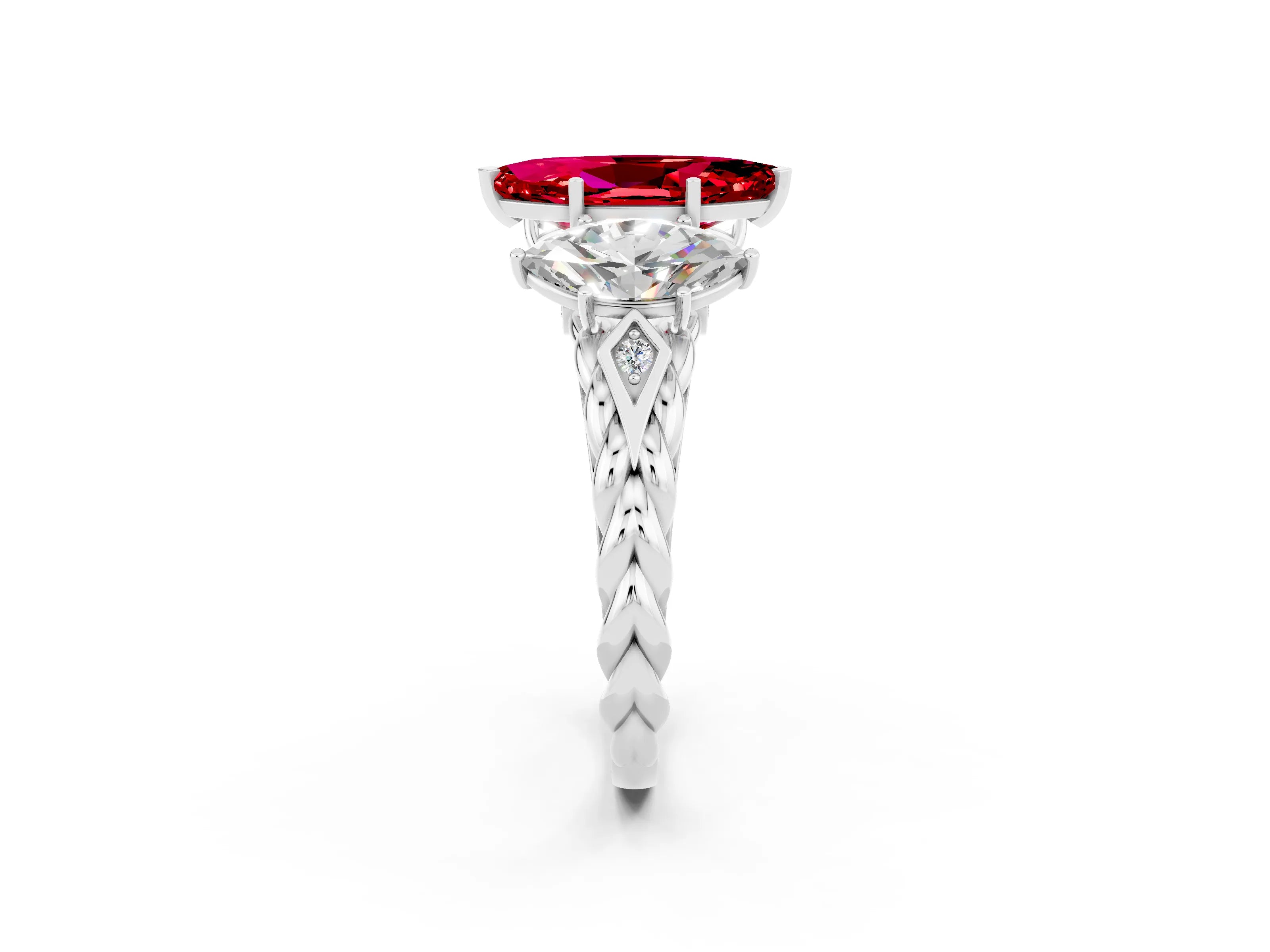 White gold Three-Stone Marquise Cut Ruby Braided Band Ring with Four-Prong Setting_14