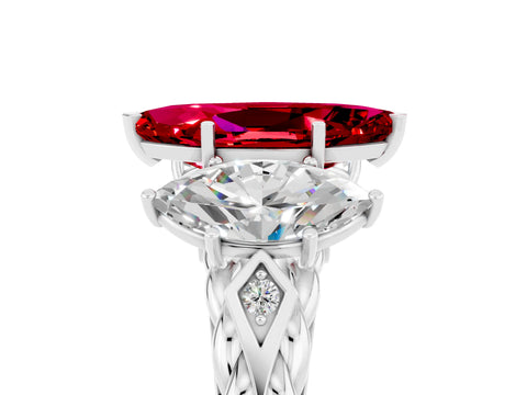 White gold Three-Stone Marquise Cut Ruby Braided Band Ring with Four-Prong Setting_17