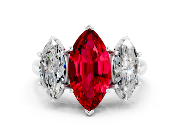 Platinum Three-Stone Marquise Cut Ruby Engagement Ring with Prong Setting