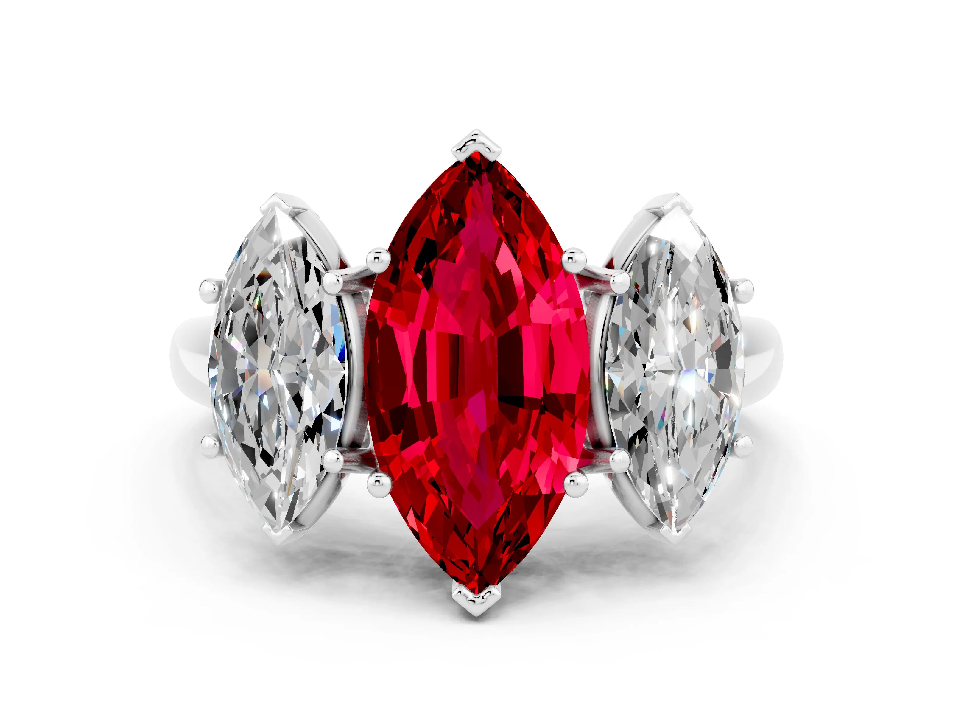 White gold Three-Stone Marquise Cut Ruby Engagement Ring with Prong Setting