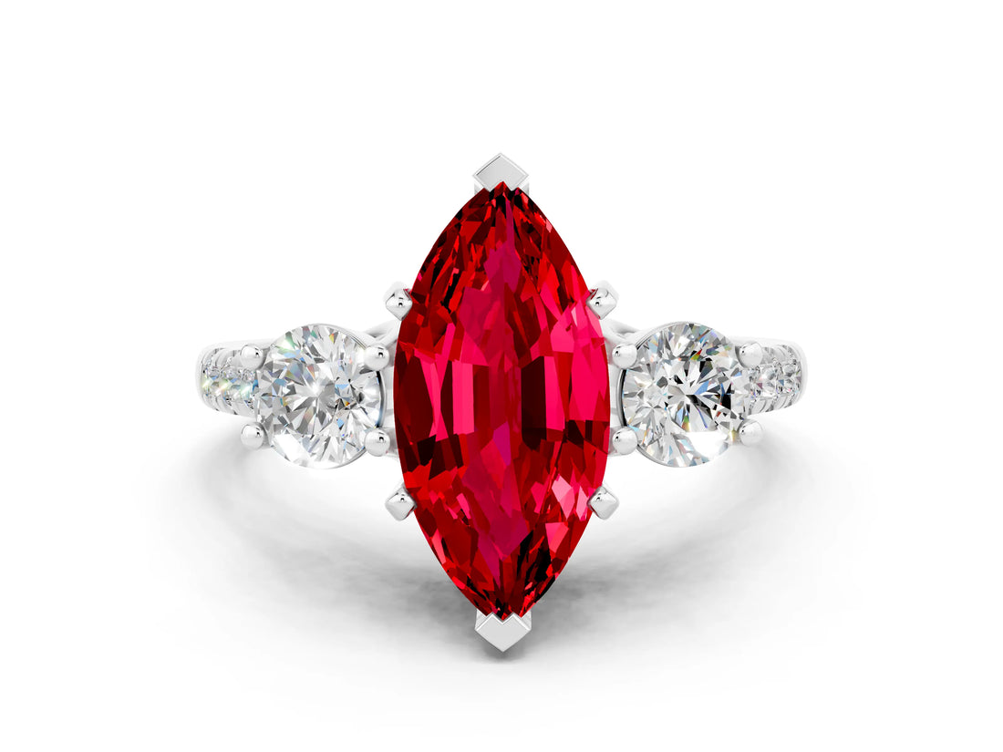 White gold Three-Stone Marquise Cut Ruby Pavé Band with Four-Prong Setting