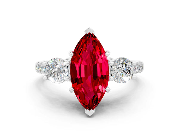 Platinum Three-Stone Marquise Cut Ruby Pavé Band with Four-Prong Setting