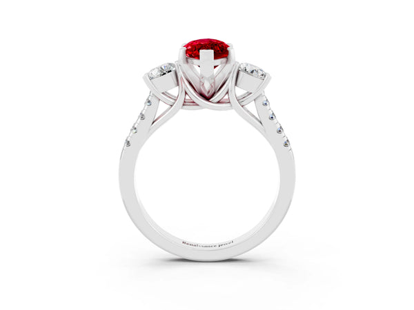 Platinum Three-Stone Marquise Cut Ruby Pavé Band with Four-Prong Setting