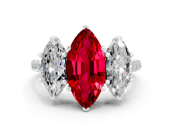 Platinum Three-Stone Marquise Cut Ruby Ring with Round  Pavé Band and Prong Setting