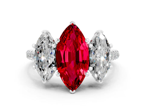 White gold Three-Stone Marquise Cut Ruby Ring with Pavé Band and Prong Setting_12