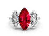 White gold Three-Stone Marquise Cut Ruby Ring with Pavé Band and Prong Setting_12
