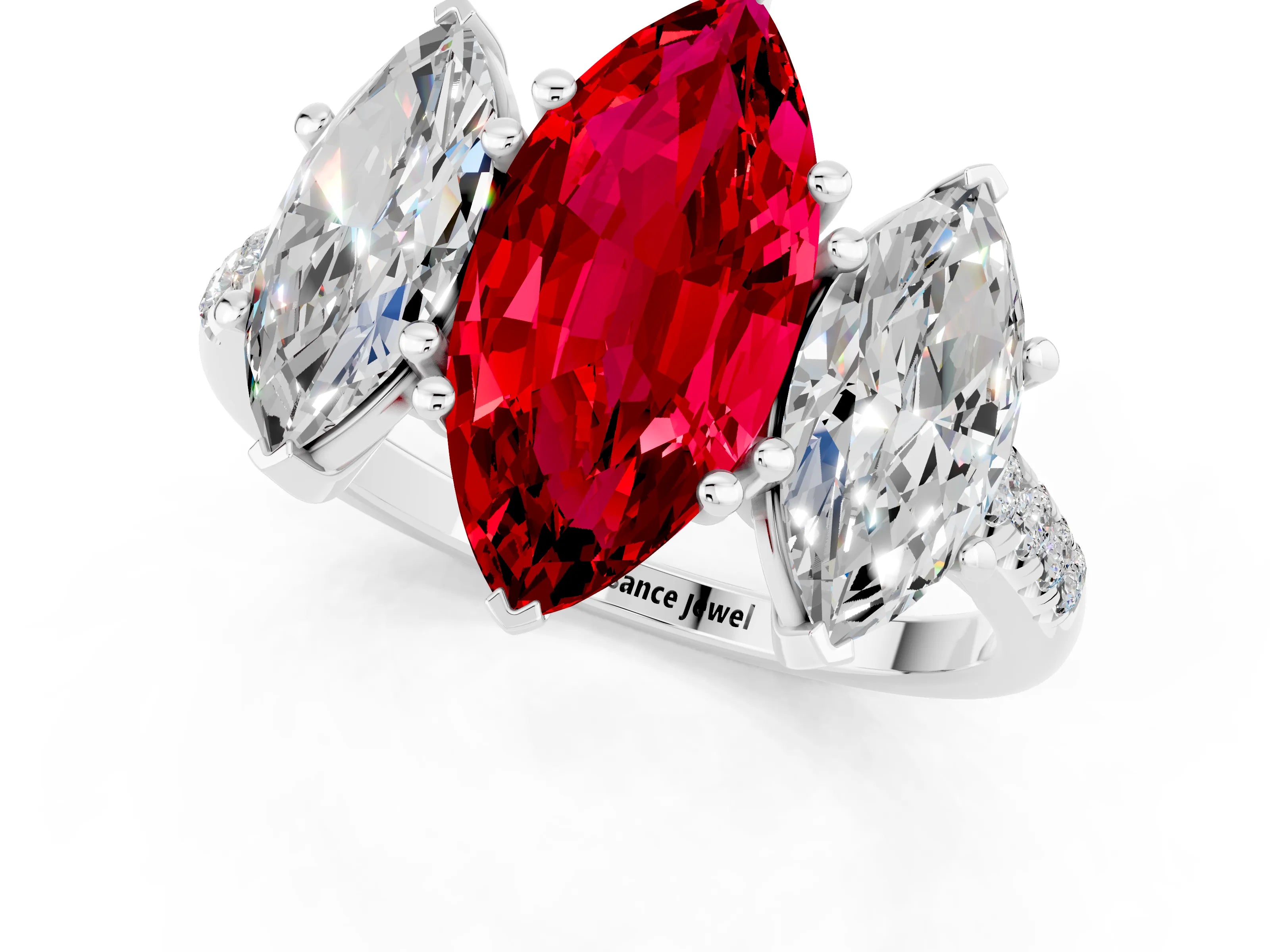 White gold Three-Stone Marquise Cut Ruby Ring with Pavé Band and Prong Setting_13