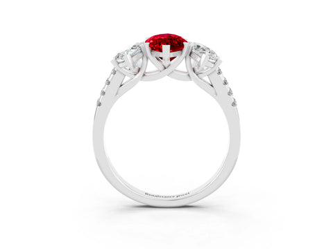 White gold Three-Stone Marquise Cut Ruby Ring with Pavé Band and Prong Setting_15