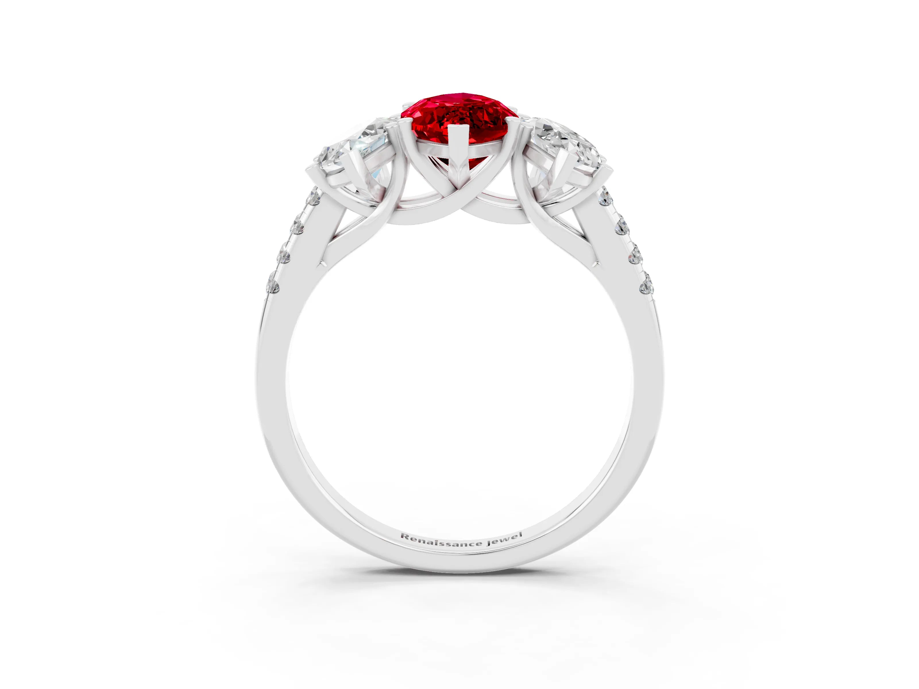 White gold Three-Stone Marquise Cut Ruby Ring with Pavé Band and Prong Setting_15