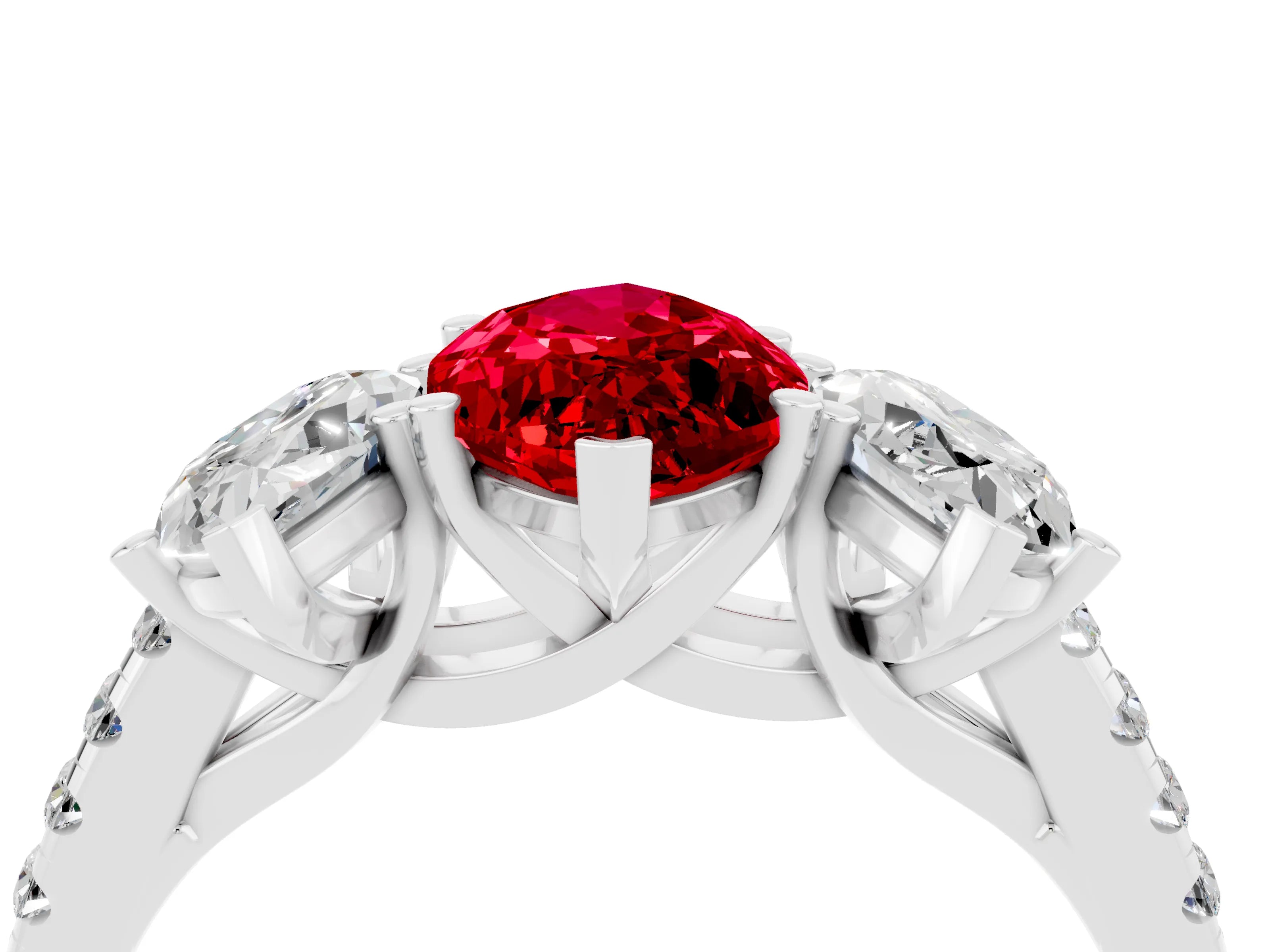 White gold Three-Stone Marquise Cut Ruby Ring with Pavé Band and Prong Setting_16