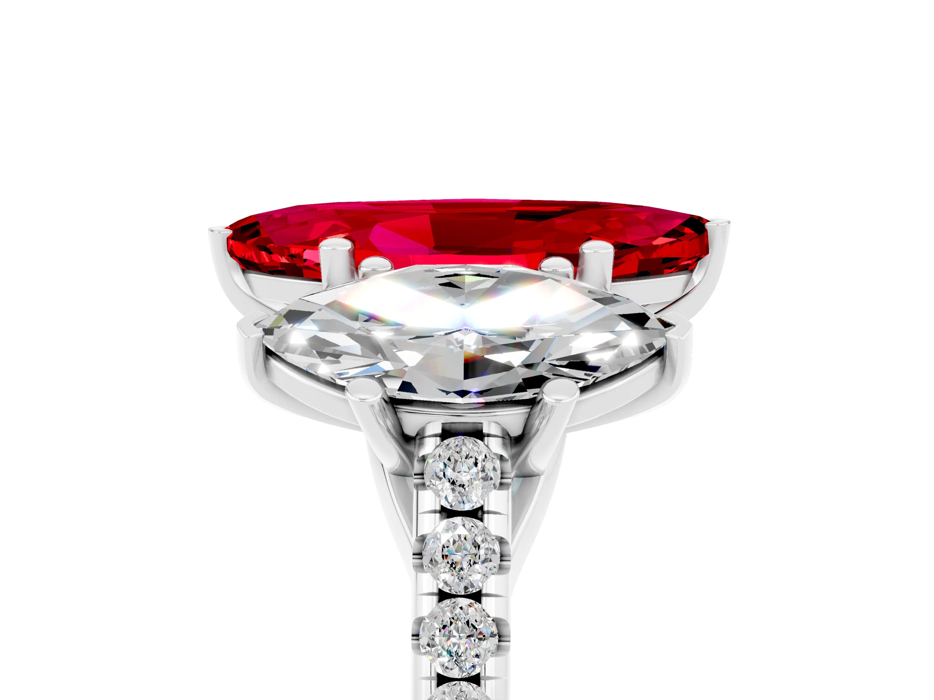 White gold Three-Stone Marquise Cut Ruby Ring with Pavé Band and Prong Setting_17