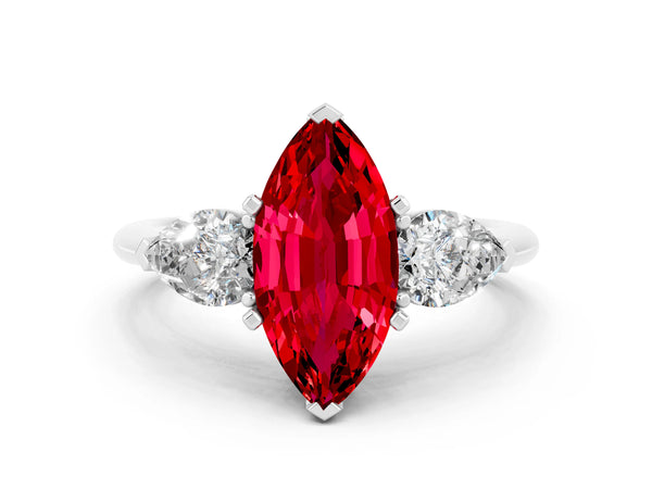 Platinum Three-Stone Marquise Cut Ruby Ring with Pear Side Stones and Four-Prong Setting