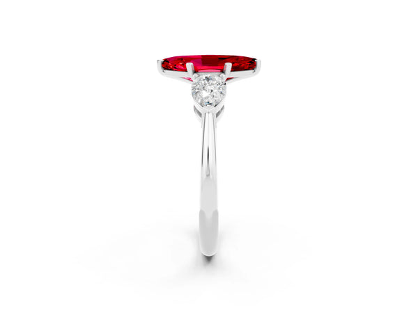 Platinum Three-Stone Marquise Cut Ruby Ring with Pear Side Stones and Four-Prong Setting
