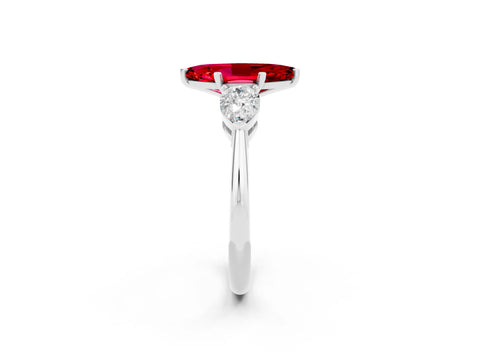 White gold Three-Stone Marquise Cut Ruby Ring with Pear Side Stones and Four-Prong Setting_2