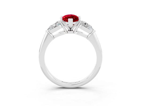 Silver Three-Stone Marquise Cut Ruby Ring with Pear Side Stones and Four-Prong Setting