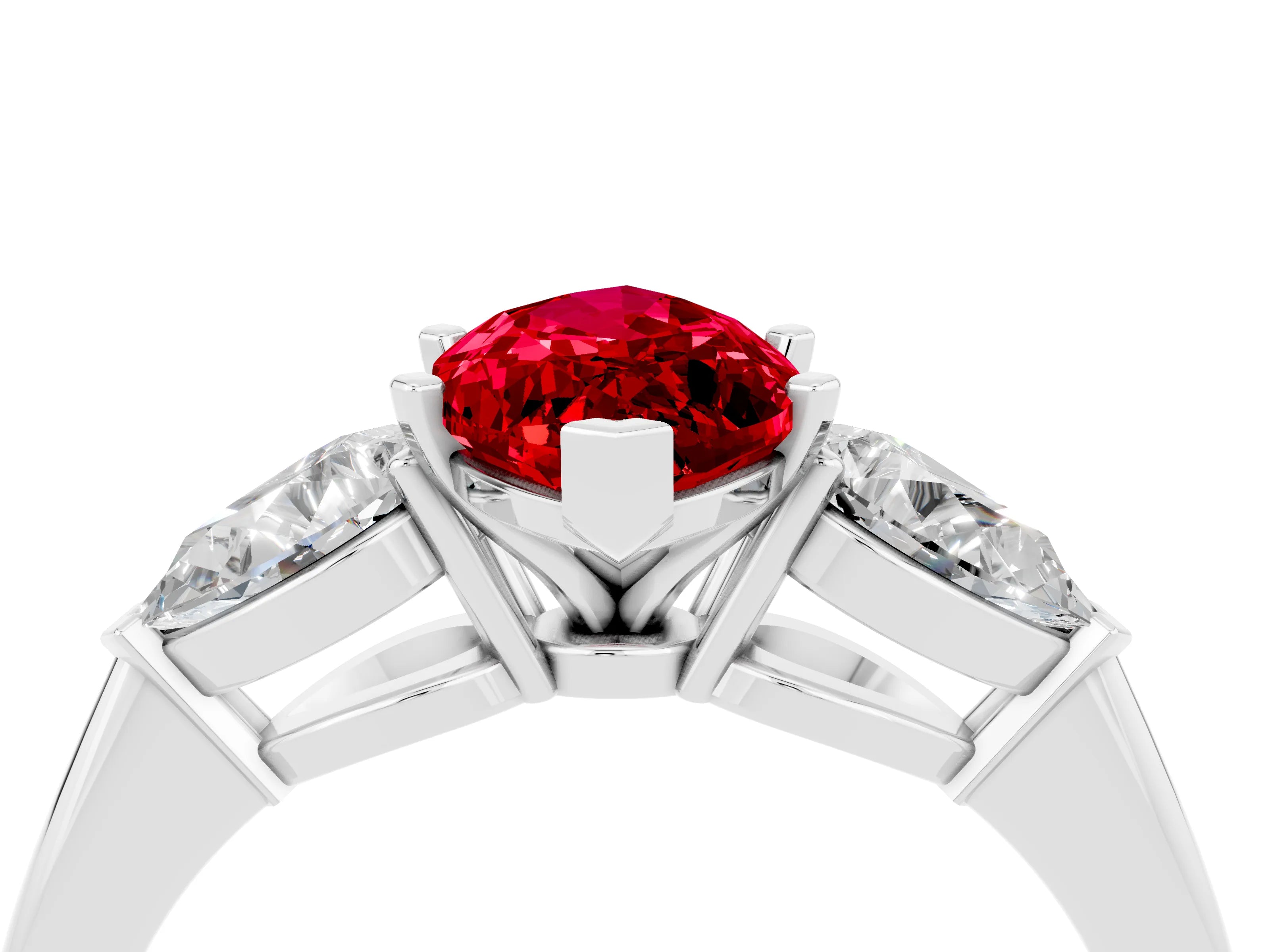 White gold Three-Stone Marquise Cut Ruby Ring with Pear Side Stones and Four-Prong Setting_4