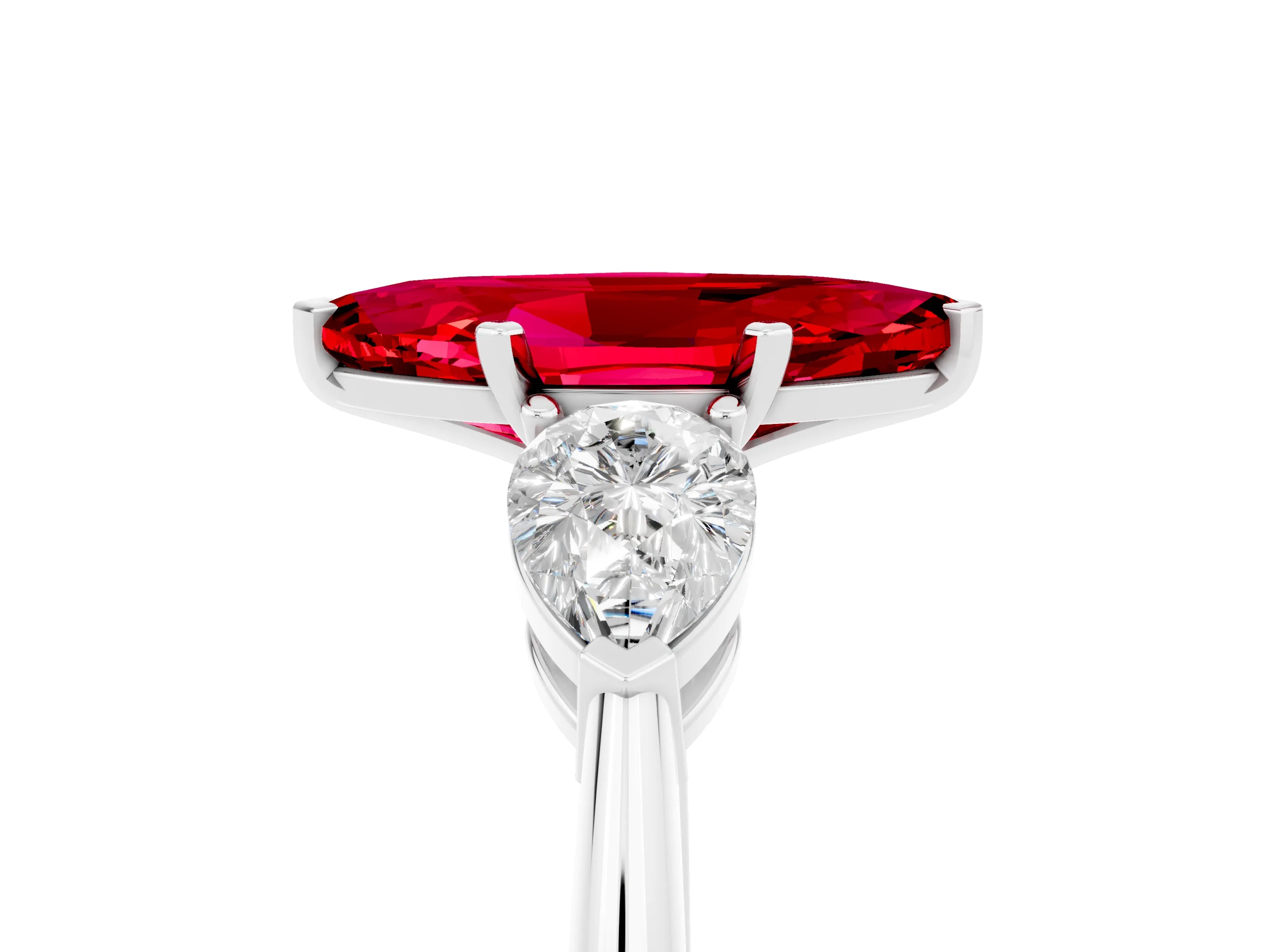 White gold Three-Stone Marquise Cut Ruby Ring with Pear Side Stones and Four-Prong Setting_5