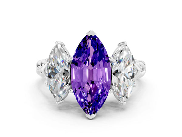 Platinum Three-Stone Marquise Cut Tanzanite Braided Band Ring with Four-Prong Setting