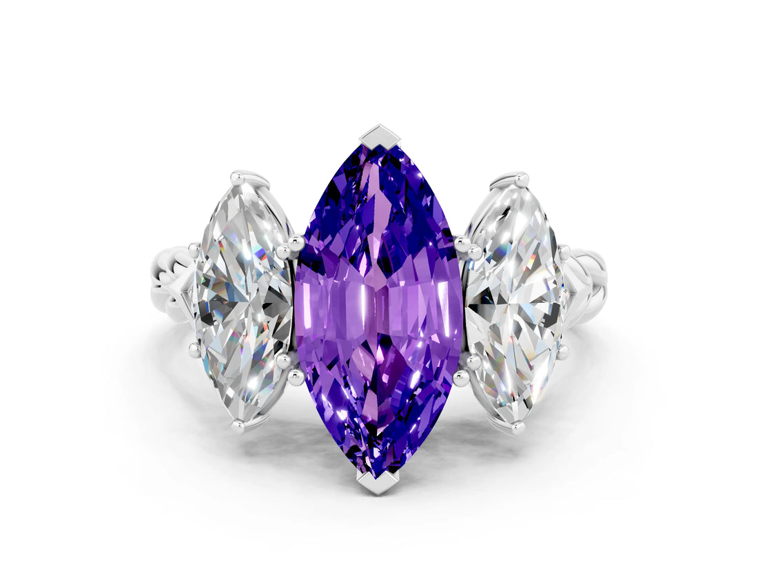 White gold Three-Stone Marquise Cut Tanzanite Braided Band Ring with Four-Prong Setting_12