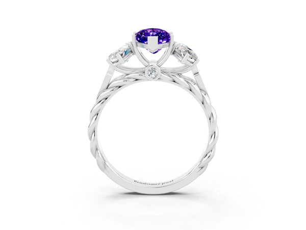 White gold Three-Stone Marquise Cut Tanzanite Braided Band Ring with Four-Prong Setting