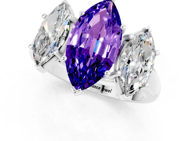 Platinum Three-Stone Marquise Cut Tanzanite Engagement Ring with Prong Setting