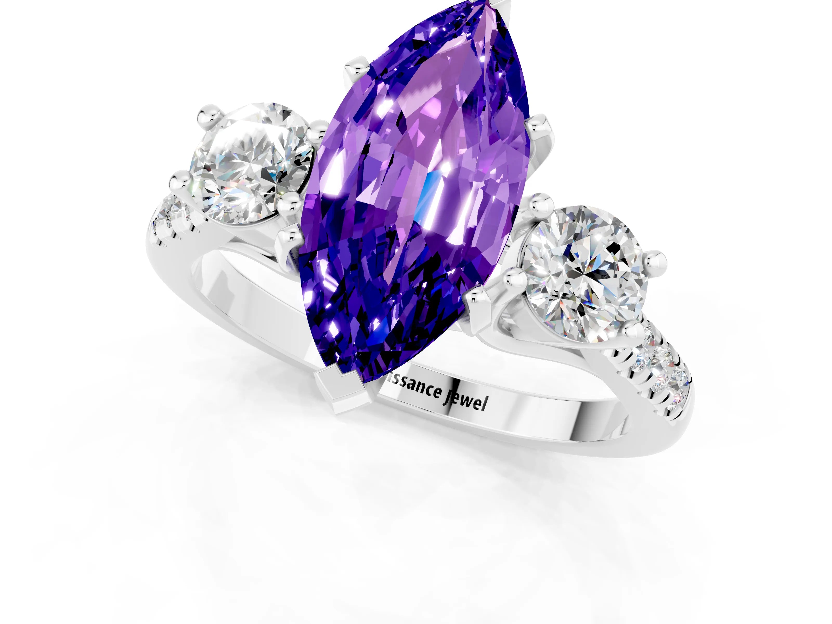 White gold Three-Stone Marquise Cut Tanzanite Pavé Band with Four-Prong Setting_1