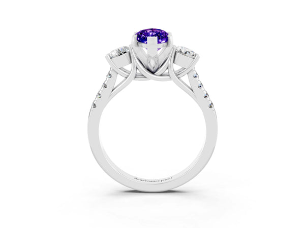 Platinum Three-Stone Marquise Cut Tanzanite Pavé Band with Four-Prong Setting