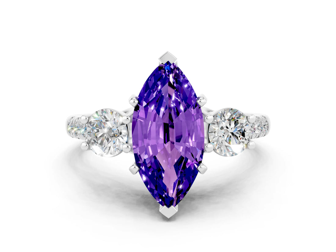 White gold Three-Stone Marquise Cut Tanzanite Pavé Band with Four-Prong Setting