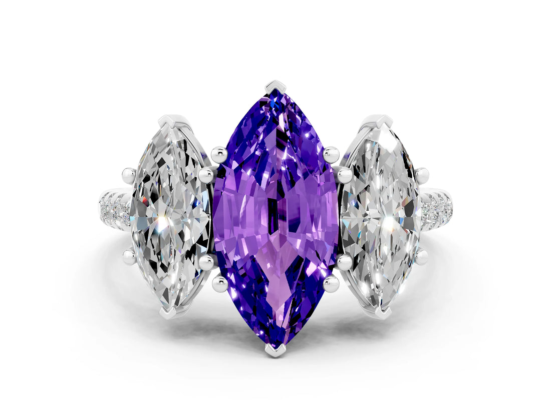 White gold Three-Stone Marquise Cut Tanzanite Ring with Pavé Band and Prong Setting_12