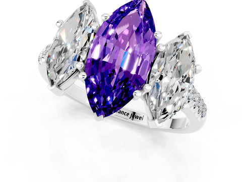 White gold Three-Stone Marquise Cut Tanzanite Ring with Pavé Band and Prong Setting_13