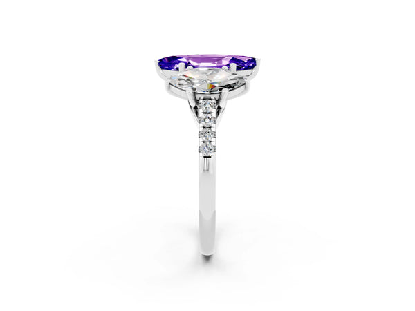 Platinum Three-Stone Marquise Cut Tanzanite Ring with Round  Pavé Band and Prong Setting