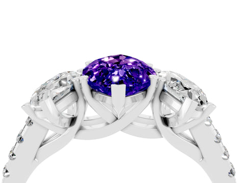 White gold Three-Stone Marquise Cut Tanzanite Ring with Pavé Band and Prong Setting_16