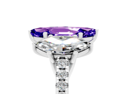 White gold Three-Stone Marquise Cut Tanzanite Ring with Pavé Band and Prong Setting_17