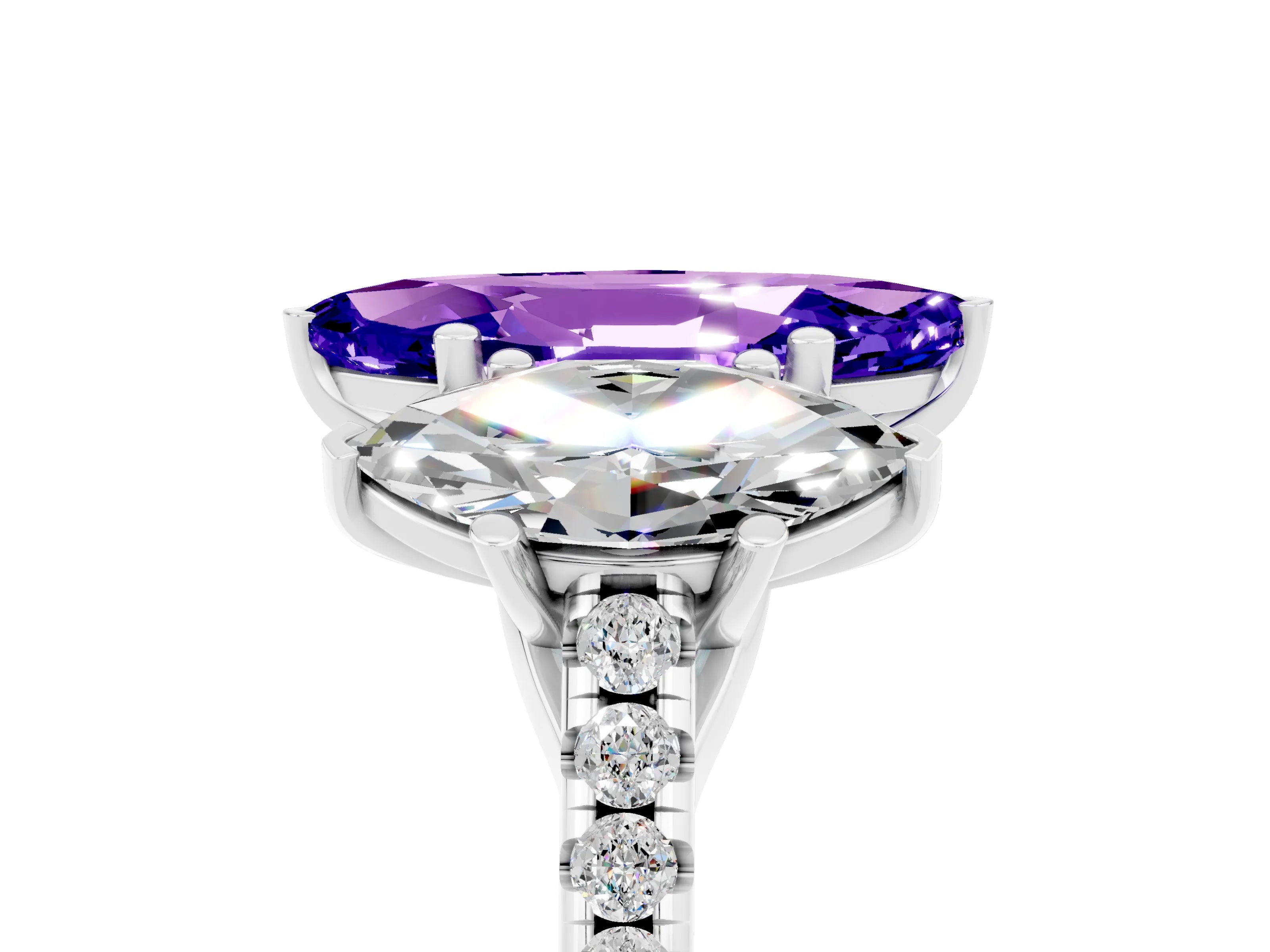 White gold Three-Stone Marquise Cut Tanzanite Ring with Pavé Band and Prong Setting_17
