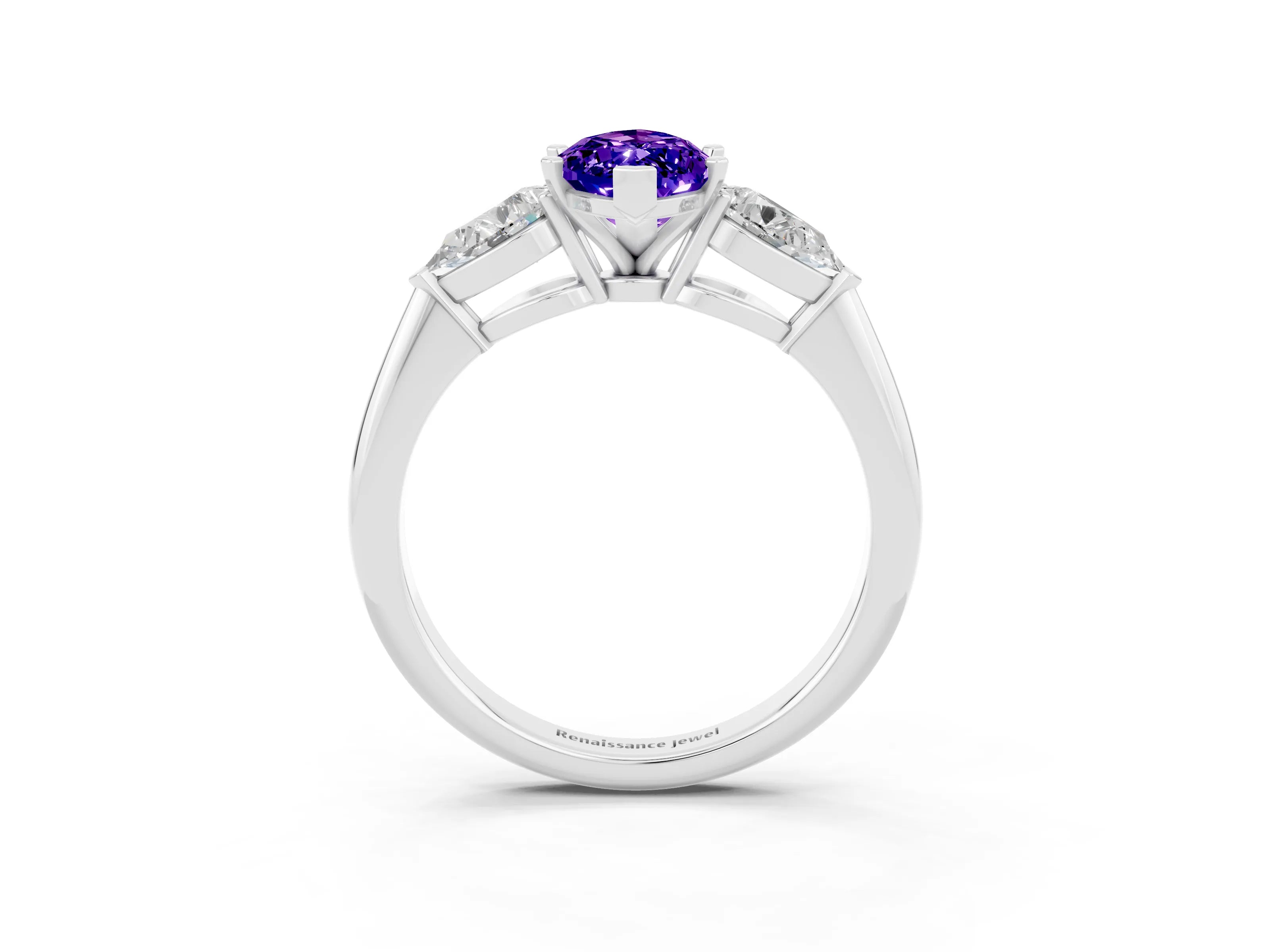 White gold Three-Stone Marquise Cut Tanzanite Ring with Pear Side Stones and Four-Prong Setting_3
