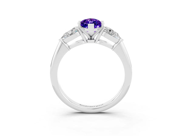 White gold Three-Stone Marquise Cut Tanzanite Ring with Pear Side Stones and Four-Prong Setting