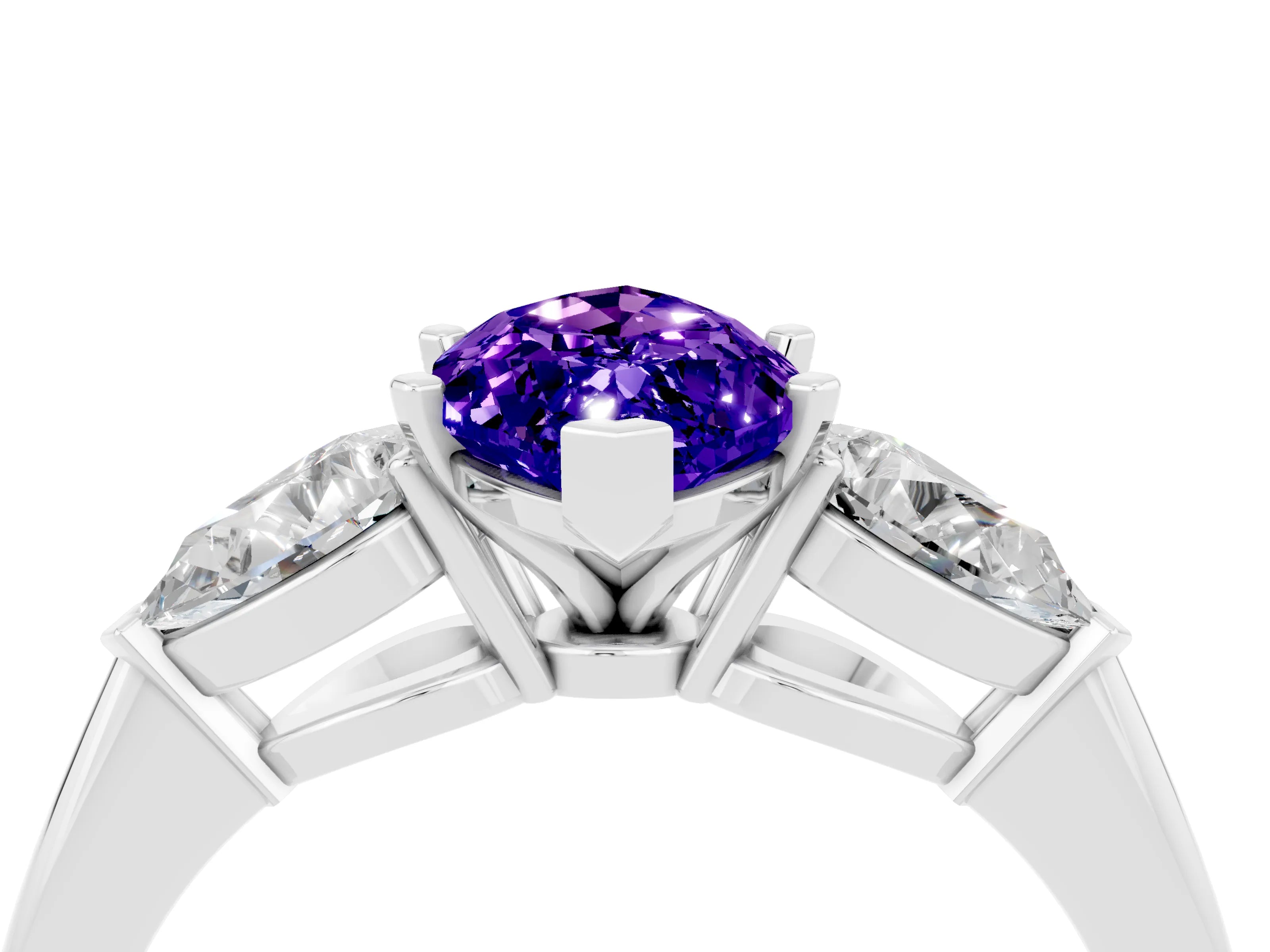 White gold Three-Stone Marquise Cut Tanzanite Ring with Pear Side Stones and Four-Prong Setting_4